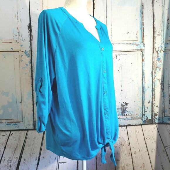 Allison Brittney Top Plus Size 3X Lace Back Teal Blue Button Tie Front Boho - Picture 6 of 12